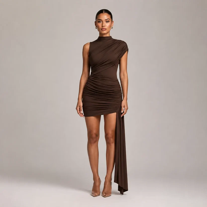 Vestido de Festa Curto Drapeado com Cauda Lateral - Imagem 7