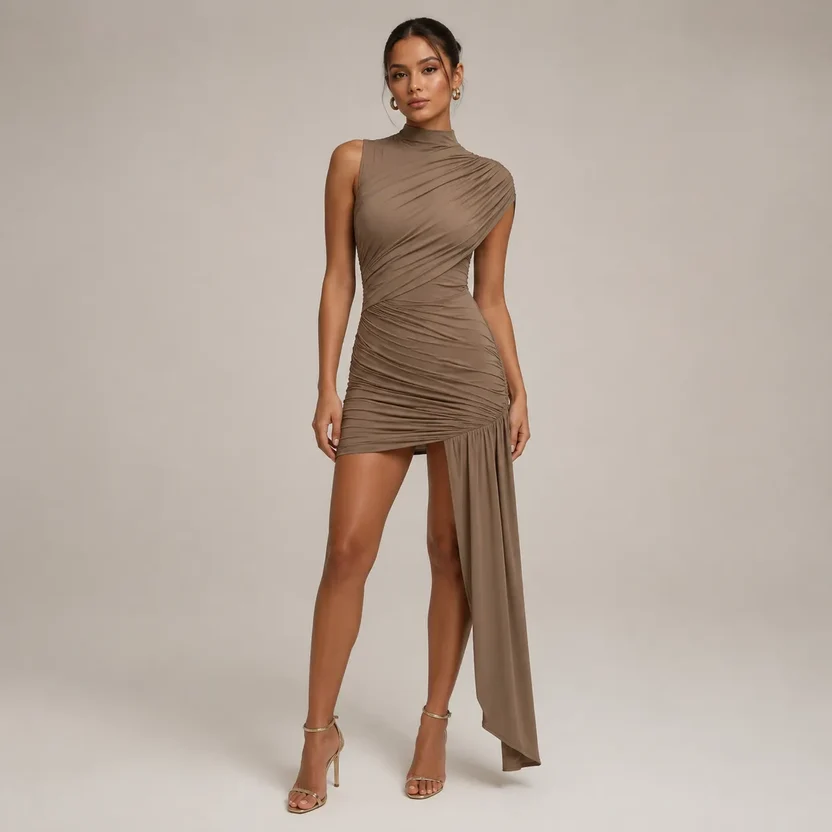 Vestido de Festa Curto Drapeado com Cauda Lateral - Imagem 18